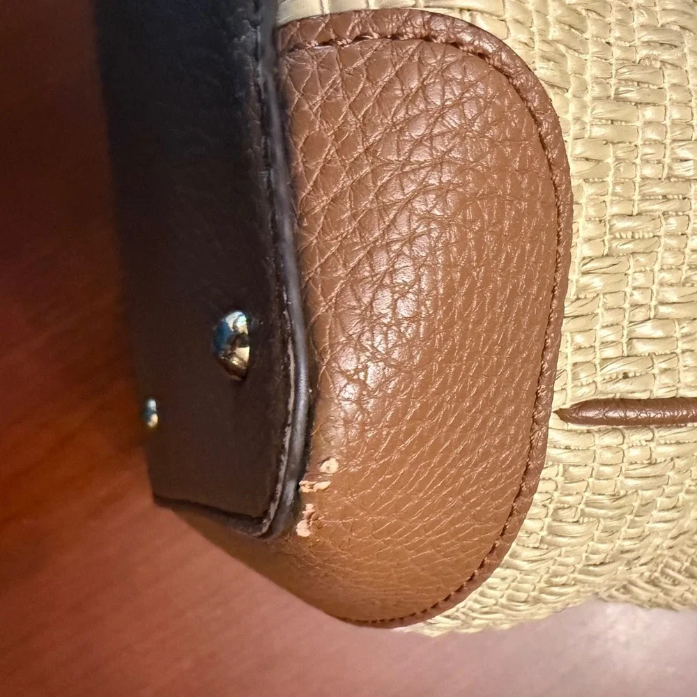 Ralph Lauren woven straw gold faux leather tote bag purse classic summer resort